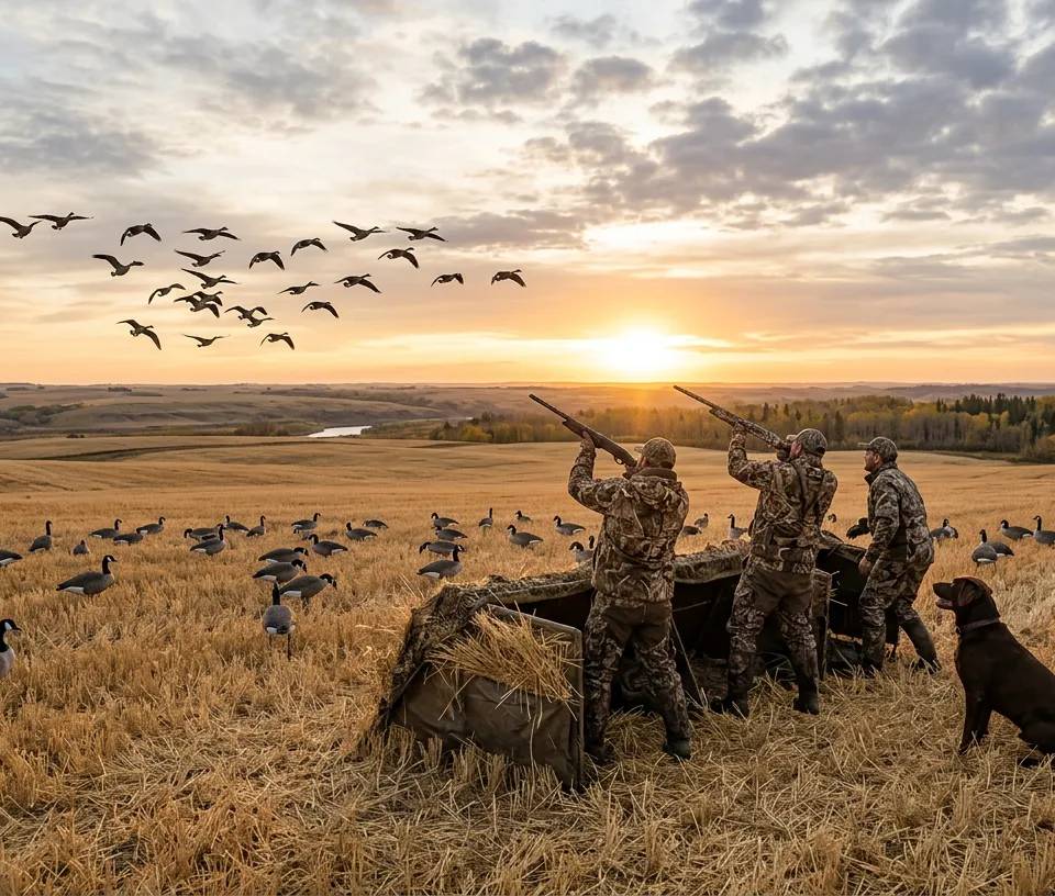Chasseurs d'outardes dans un champ de blé au lever du soleil au Canada