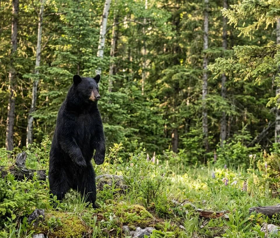 A majestic black bear at the edge of a spring boreal forest