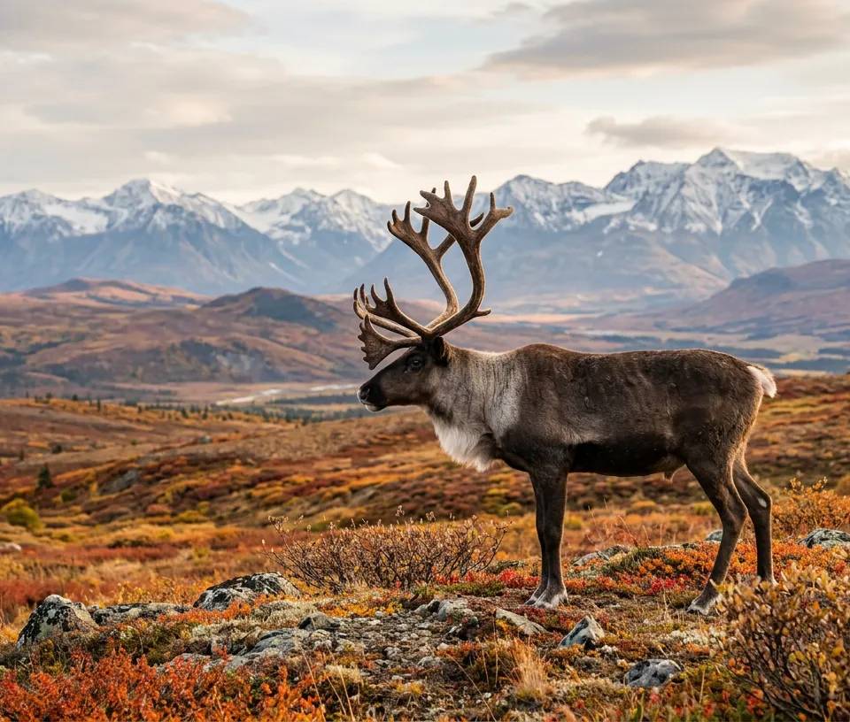 A lone caribou on the colorful autumn tundra of Northern Quebec.
