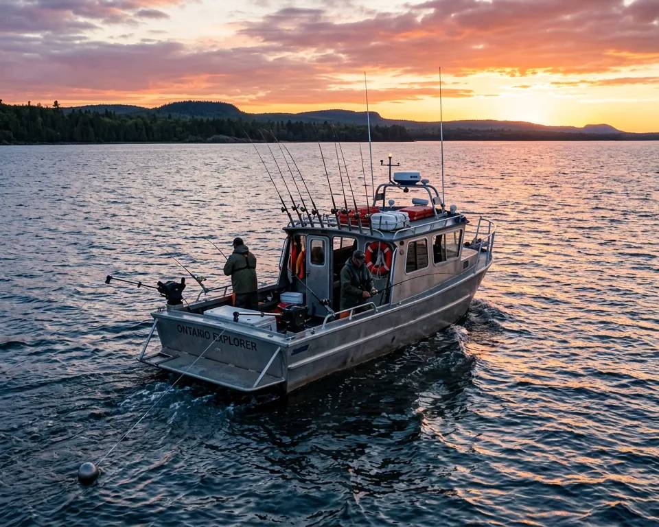 Trolling boat on Lake Ontario equipped with downriggers for salmon fishing.