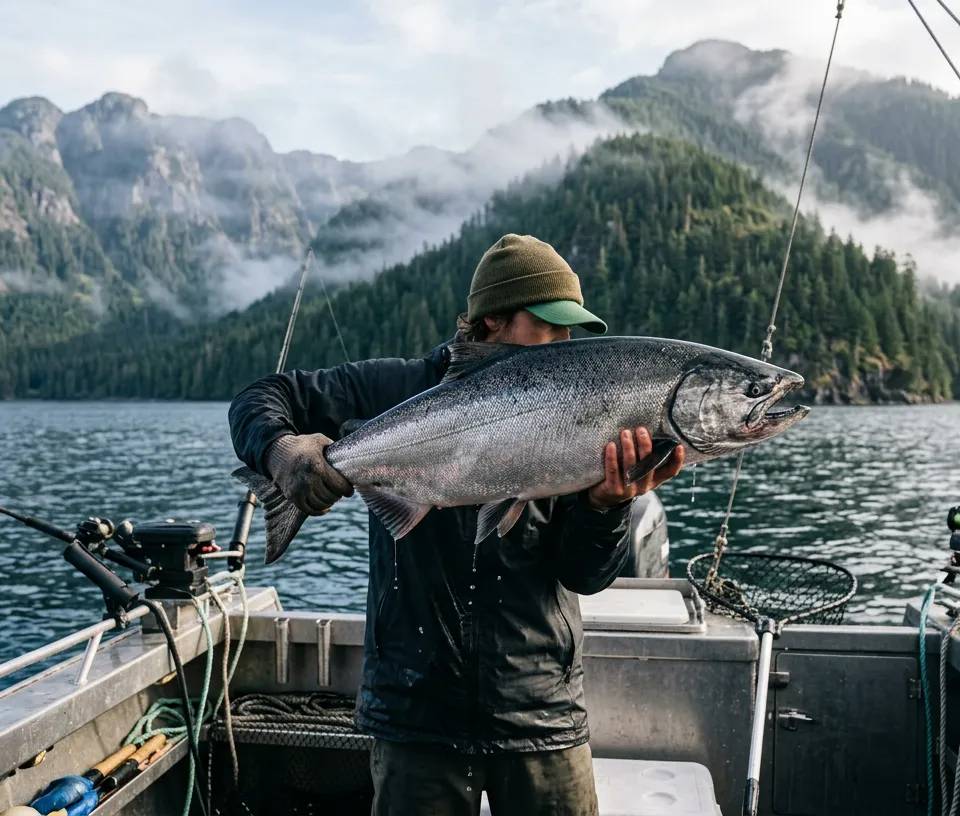 Un pêcheur tenant un gros saumon Chinook argenté sur un bateau en Colombie-Britannique.