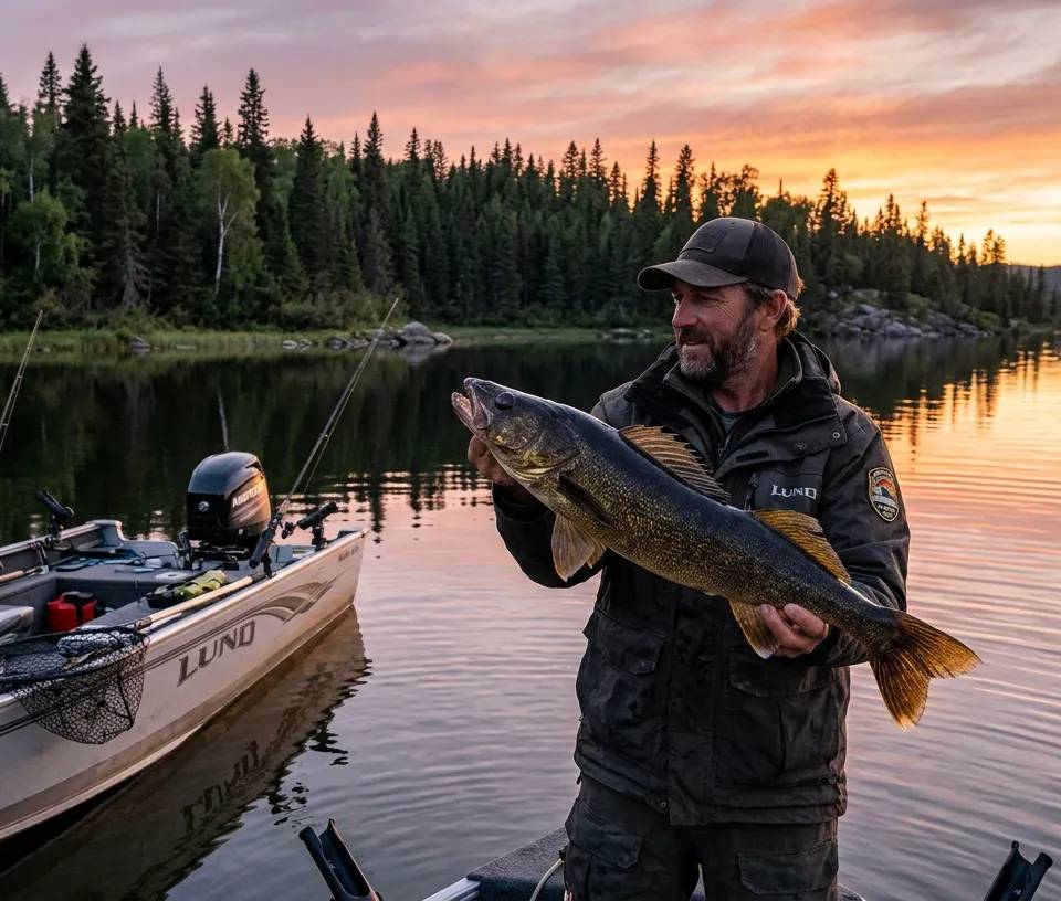 An angler holding a large walleye on an Alberta lake at sunset.