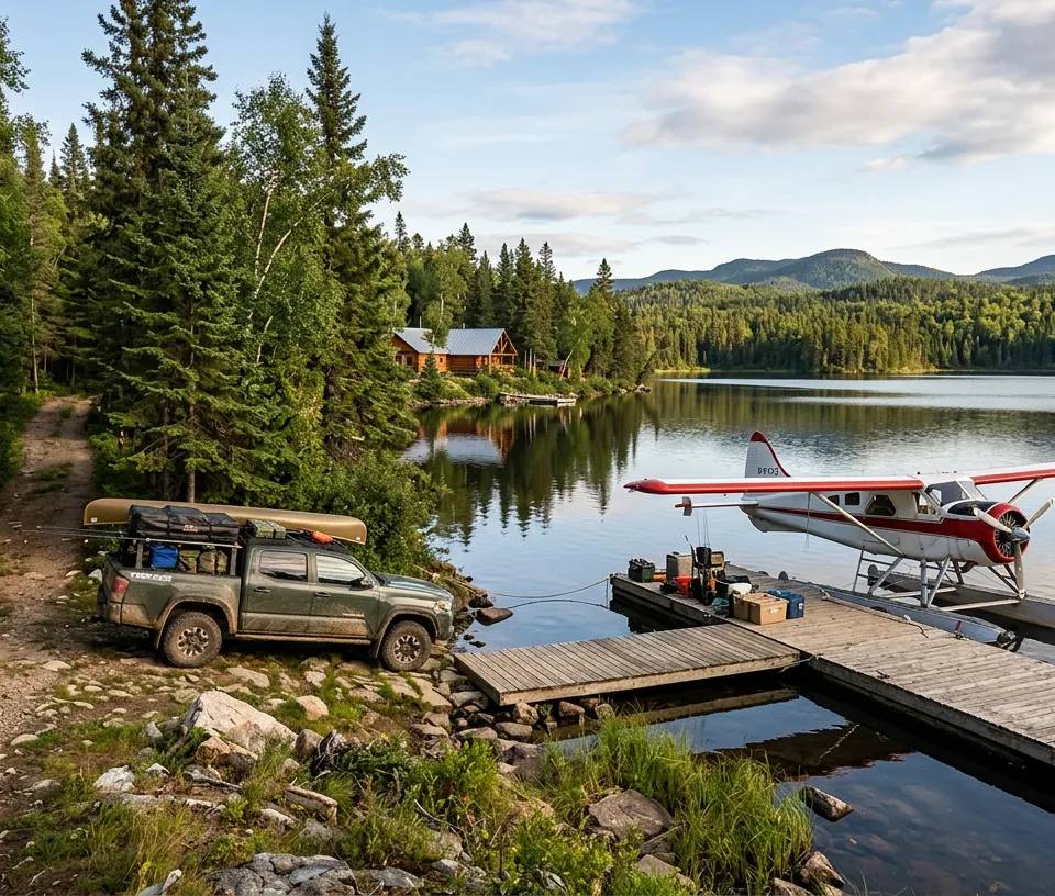 Un hydravion à quai et un véhicule tout-terrain illustrant les différents modes d'accès aux pourvoiries de pêche au Canada.