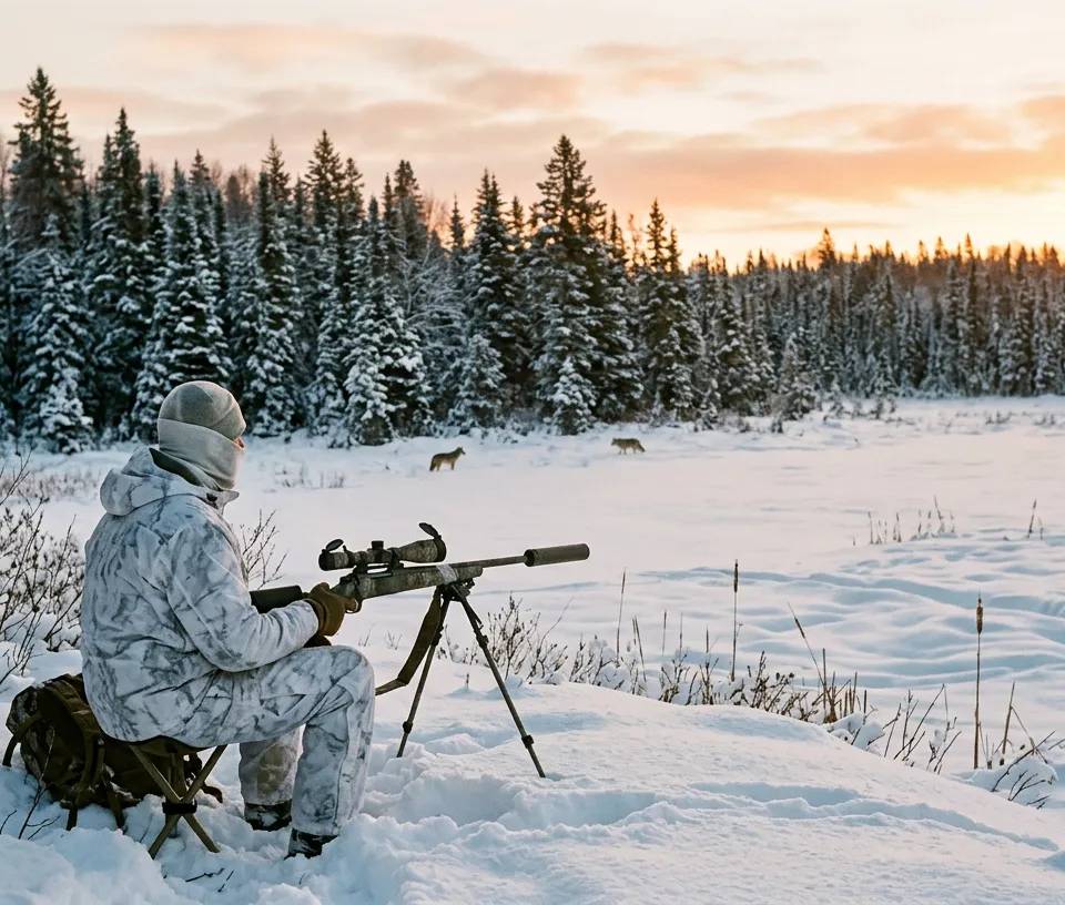 Coyote hunter in white camouflage in a snowy Quebec field.