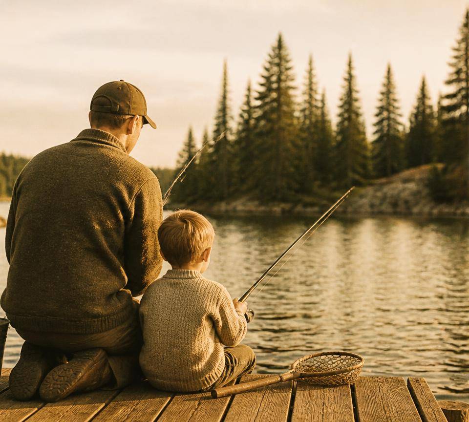 Parent et enfant pêchant depuis un quai de pourvoirie au coucher du soleil