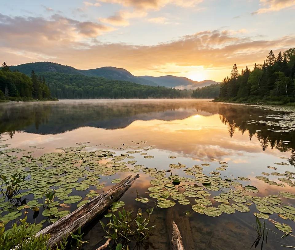 A peaceful Laurentian lake featuring lily pads and fallen logs at sunrise.