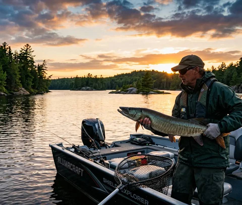 An angler holding a trophy Muskie on an Ontario lake during sunset.