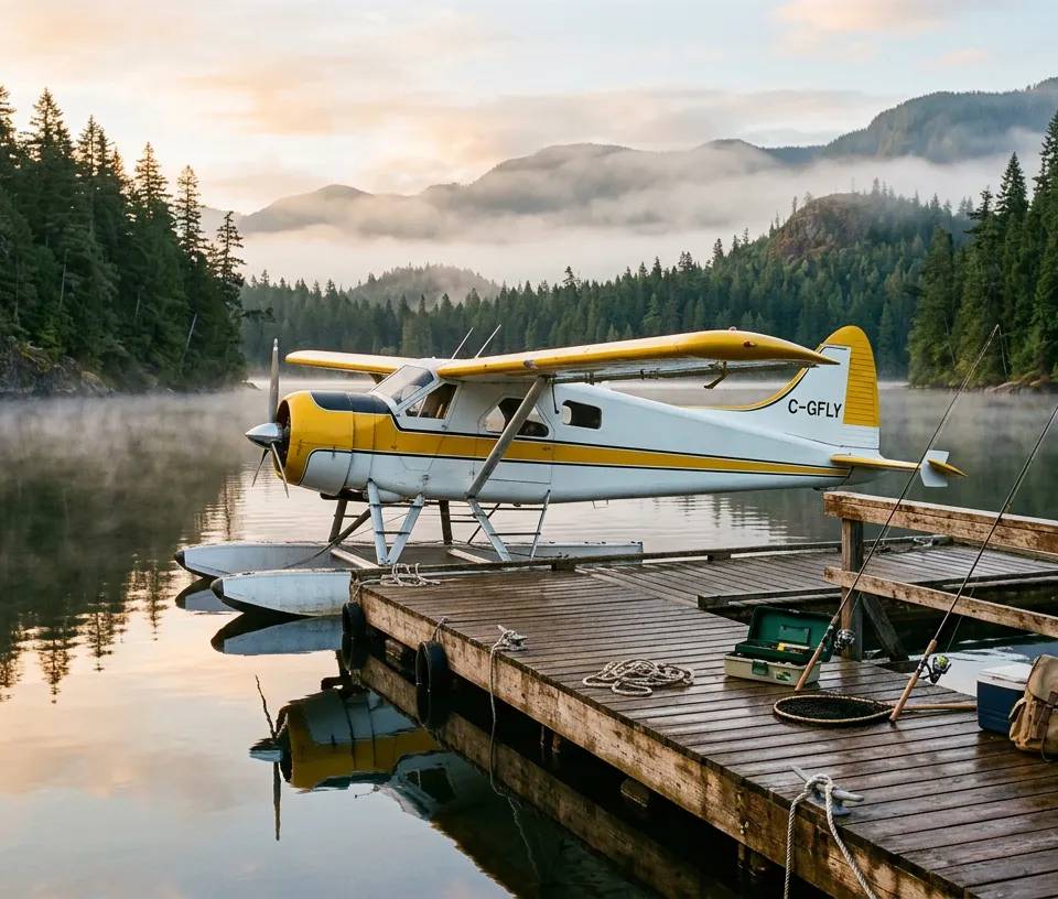 Hydravion amarré au quai d'une pourvoirie de pêche isolée au Canada
