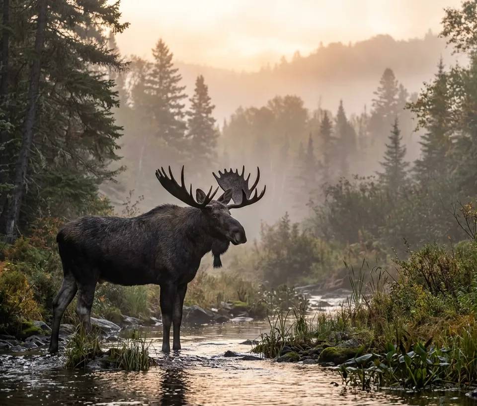 A large bull moose standing in a misty boreal forest in Canada