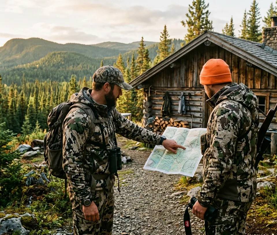 Un guide de chasse et un chasseur discutant de la stratégie devant une pourvoirie au Canada.