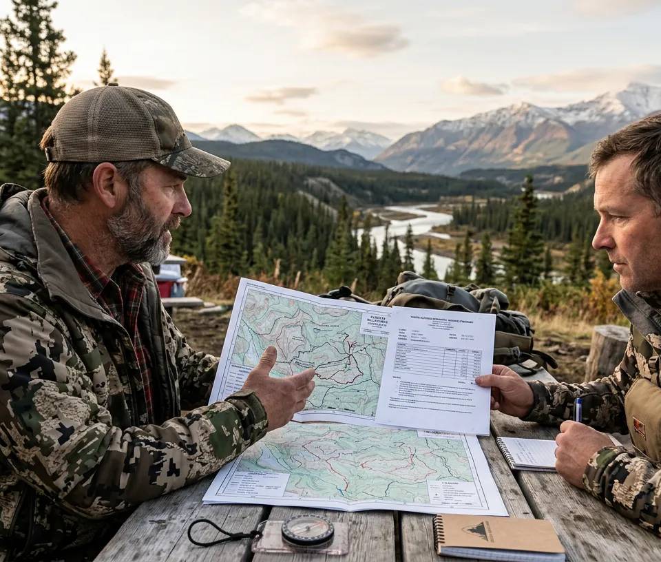 Un guide de chasse discutant des détails logistiques et budgétaires avec un client en pleine nature canadienne.