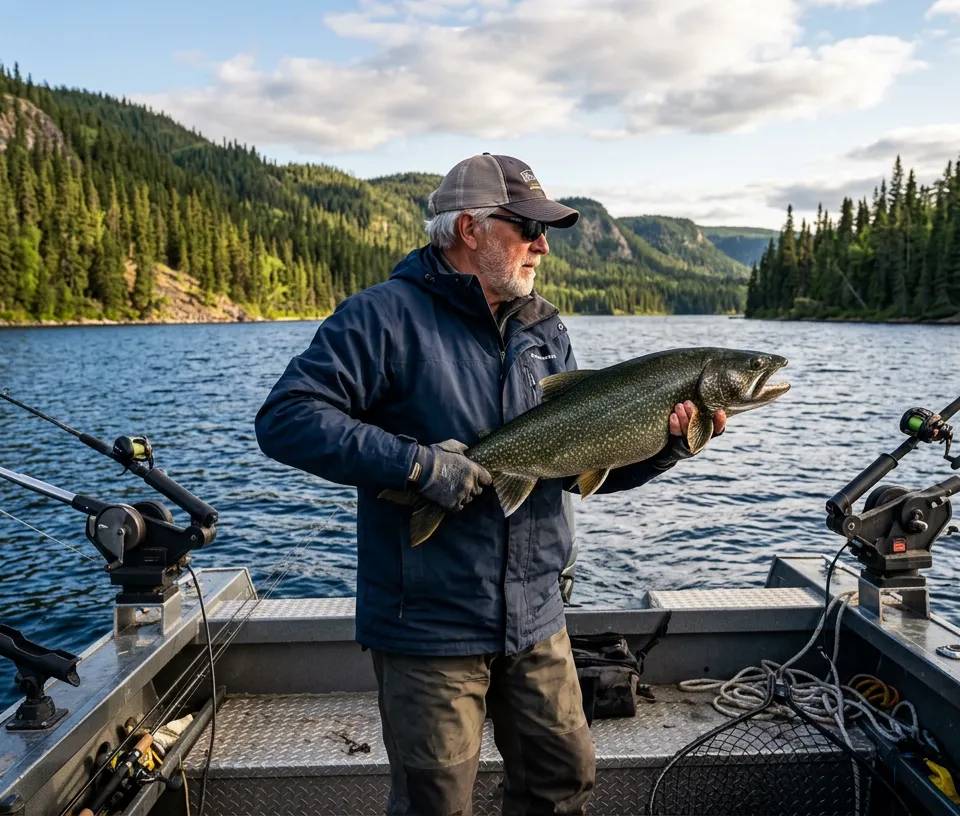 Un pêcheur tenant une grosse truite grise sur un lac canadien avec un équipement de pêche en profondeur.