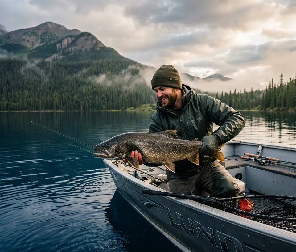 An angler holding a large lake trout on a scenic Canadian lake surrounded by pine forests.