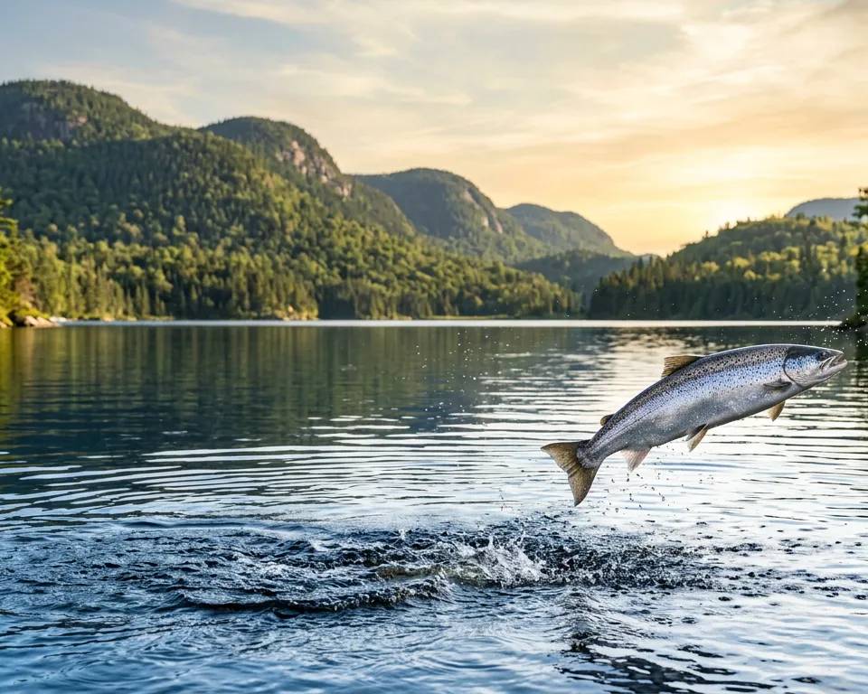 A landlocked salmon jumping out of a Laurentian lake at sunrise.