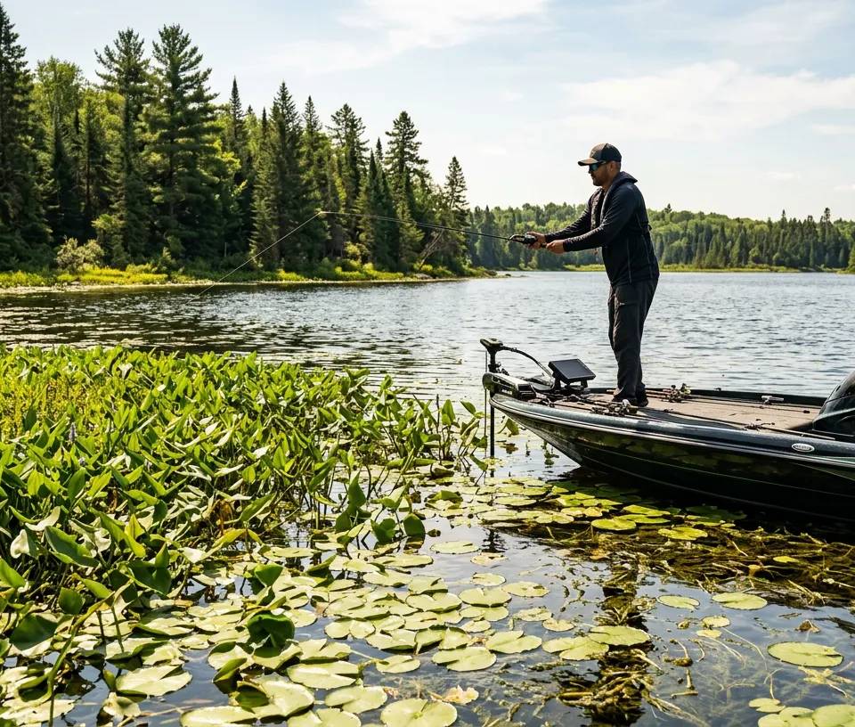 Angler casting for largemouth bass in thick lily pads on a Canadian lake.