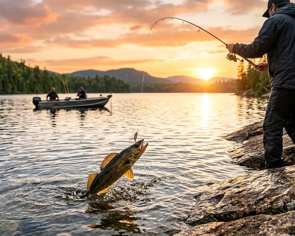 Un pêcheur remonte un doré jaune dans un lac des Laurentides au coucher du soleil.
