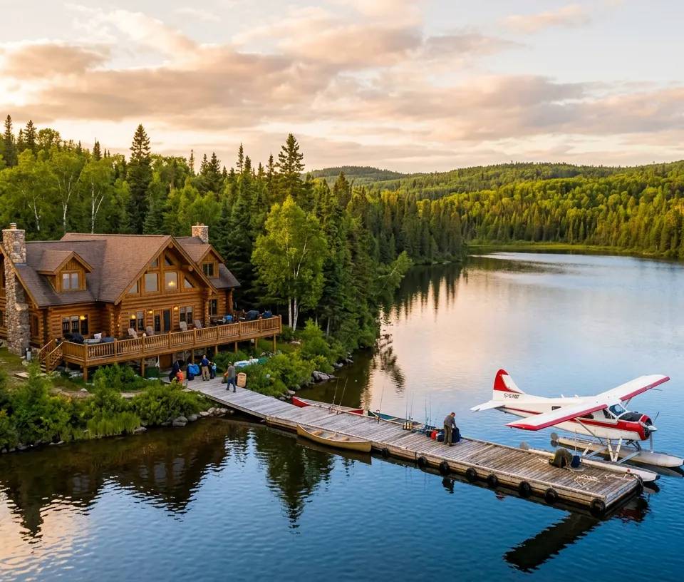 Luxury log cabin fishing lodge with a floatplane at the dock during sunset in Northern Quebec.