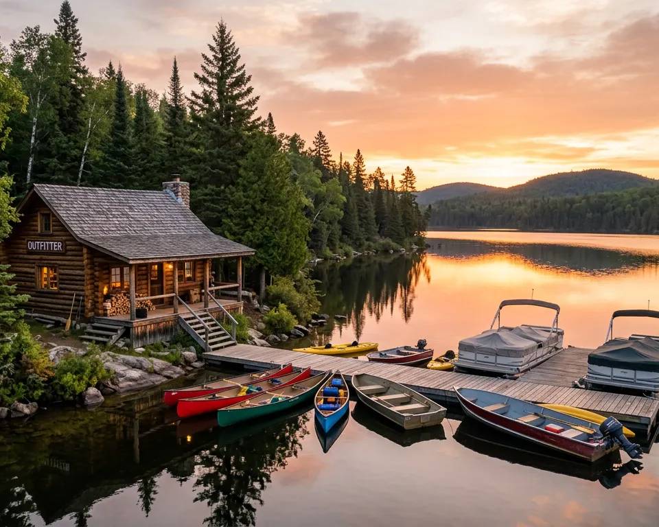A rustic log cabin by a Canadian lake at sunrise with boats moored at the dock.