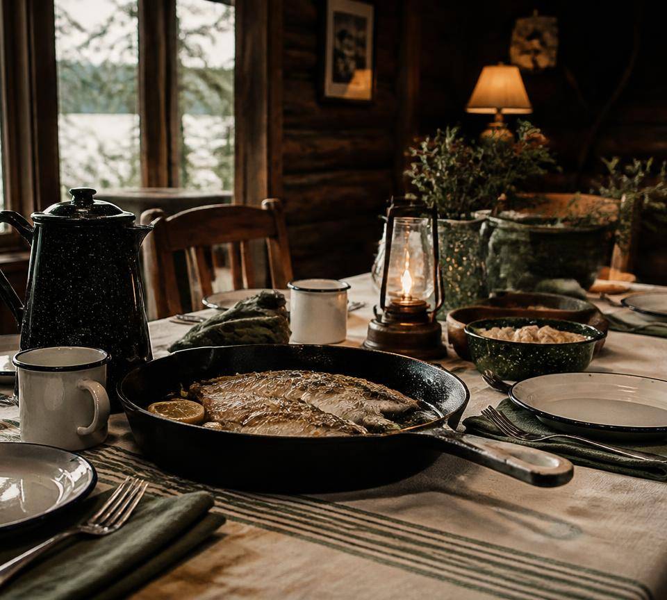Table de chalet dressée avec poêlon de poisson et cafetière, plan américain en pourvoirie