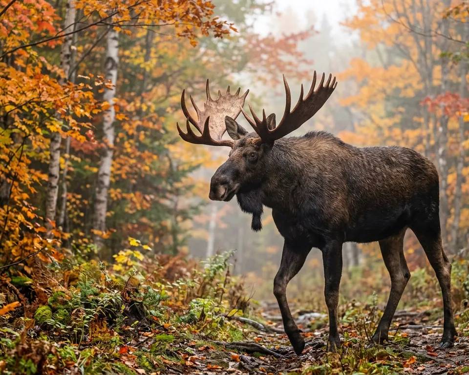 Un grand mâle orignal dans une forêt boréale automnale au Québec.
