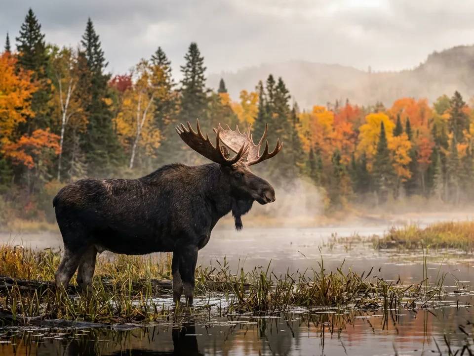 A large bull moose in the Abitibi boreal forest during the autumn rut.