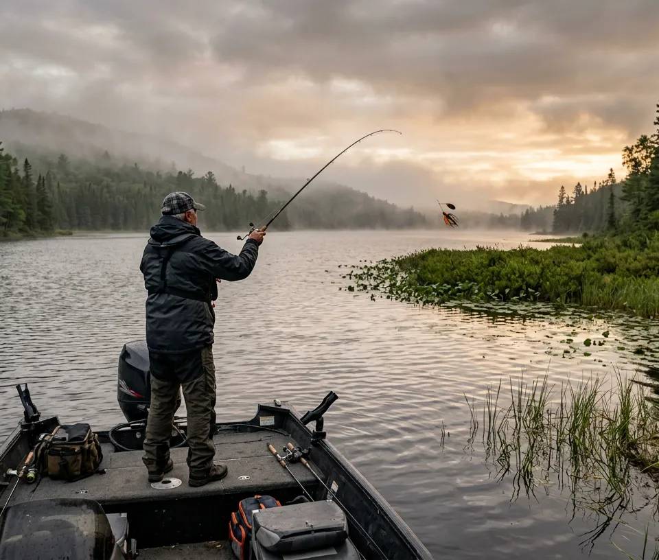 Angler casting for Musky on a Laurentian lake at sunset.