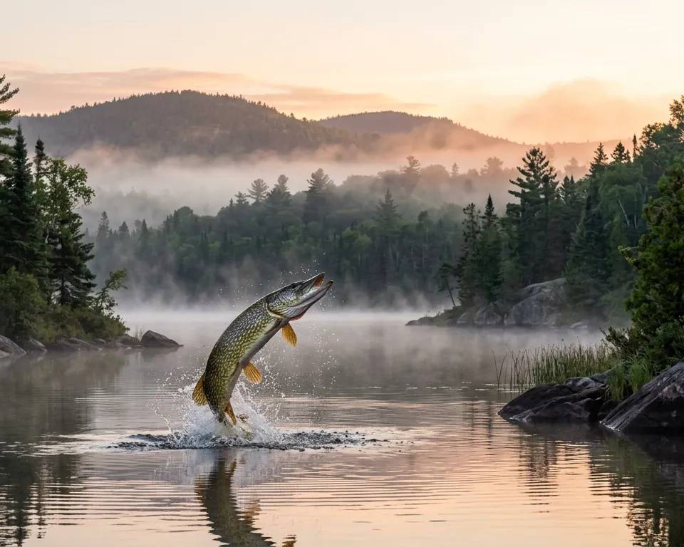 A large northern pike jumping out of a Laurentian lake at sunrise.