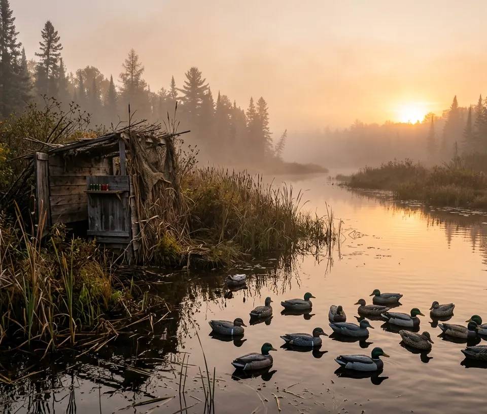 Appelants de canards sur un lac brumeux de l'Ontario au lever du soleil.