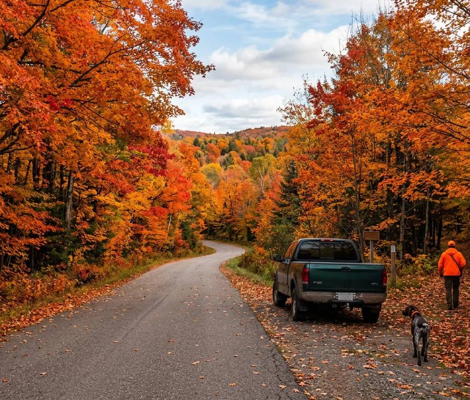 Chasseur marchant dans une forêt d'automne en Ontario avec son chien pendant un road trip de petit gibier.