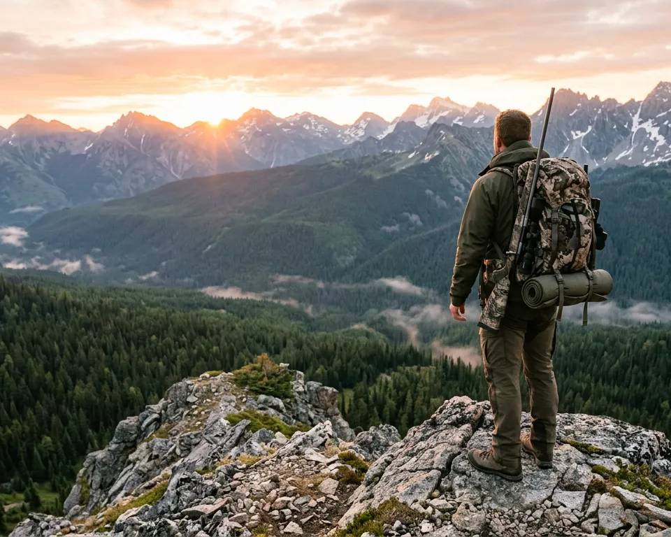 Hunter with a backpack overlooking the Canadian wilderness.