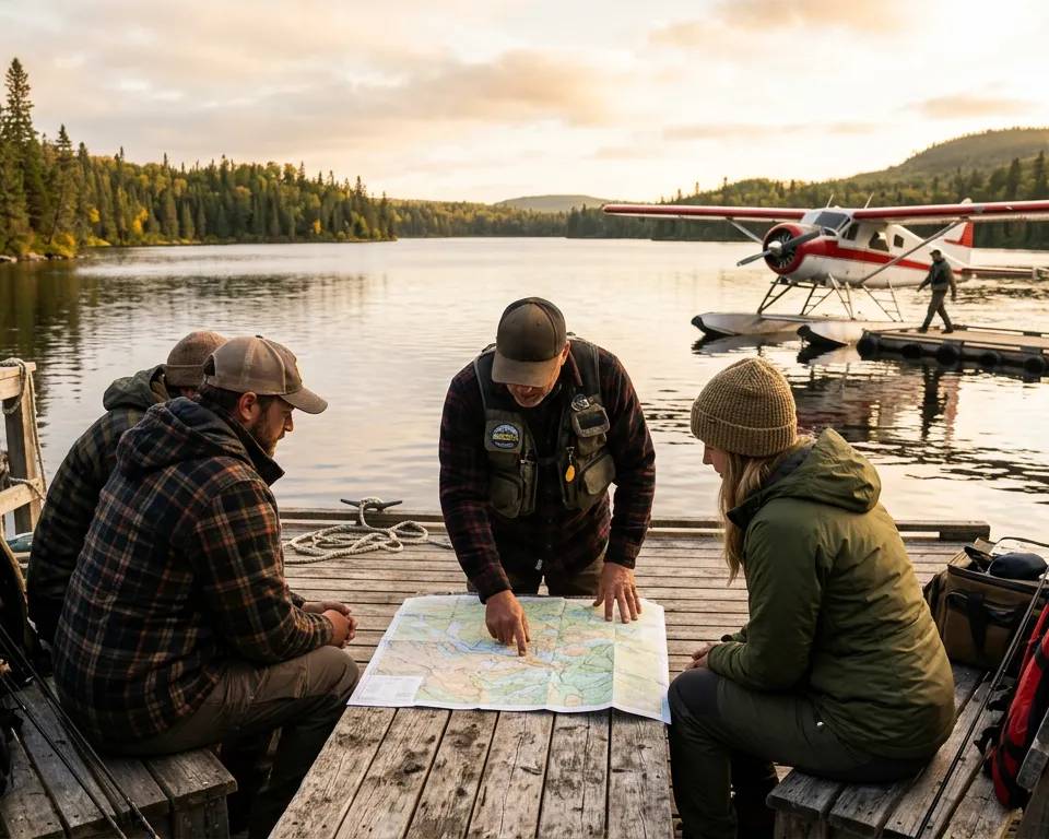 A professional fishing guide talking with clients on a dock at sunrise.