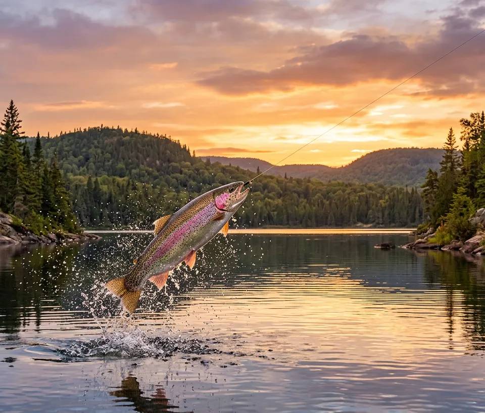 A rainbow trout leaping out of a Laurentian lake at sunset.