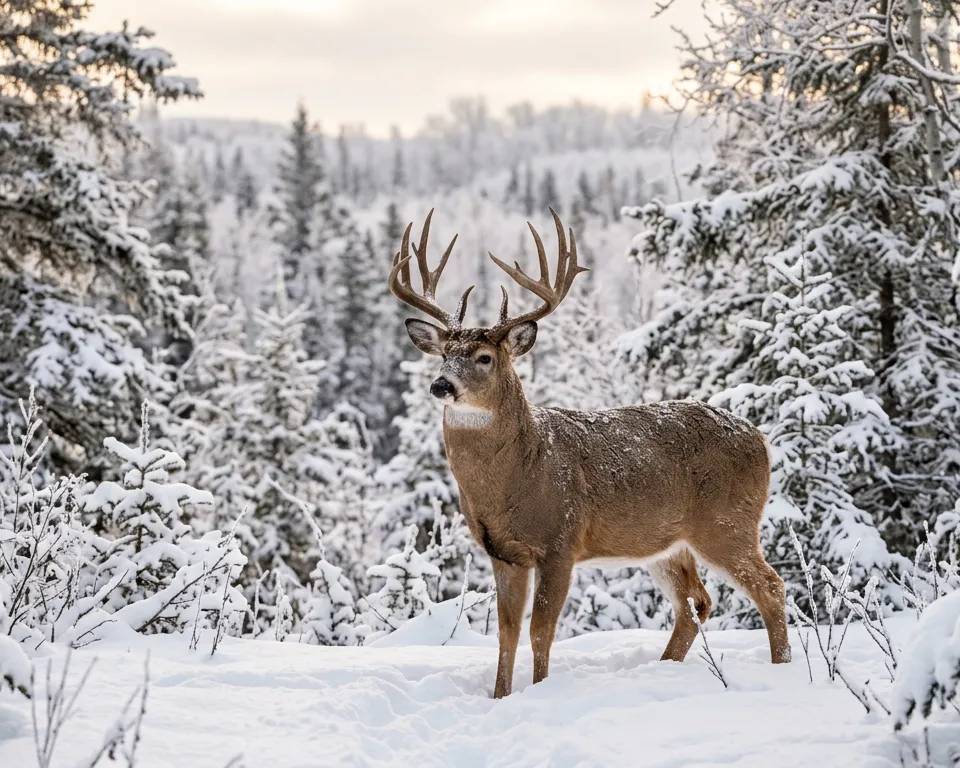 Un grand chevreuil mâle dans la forêt enneigée de la Saskatchewan.