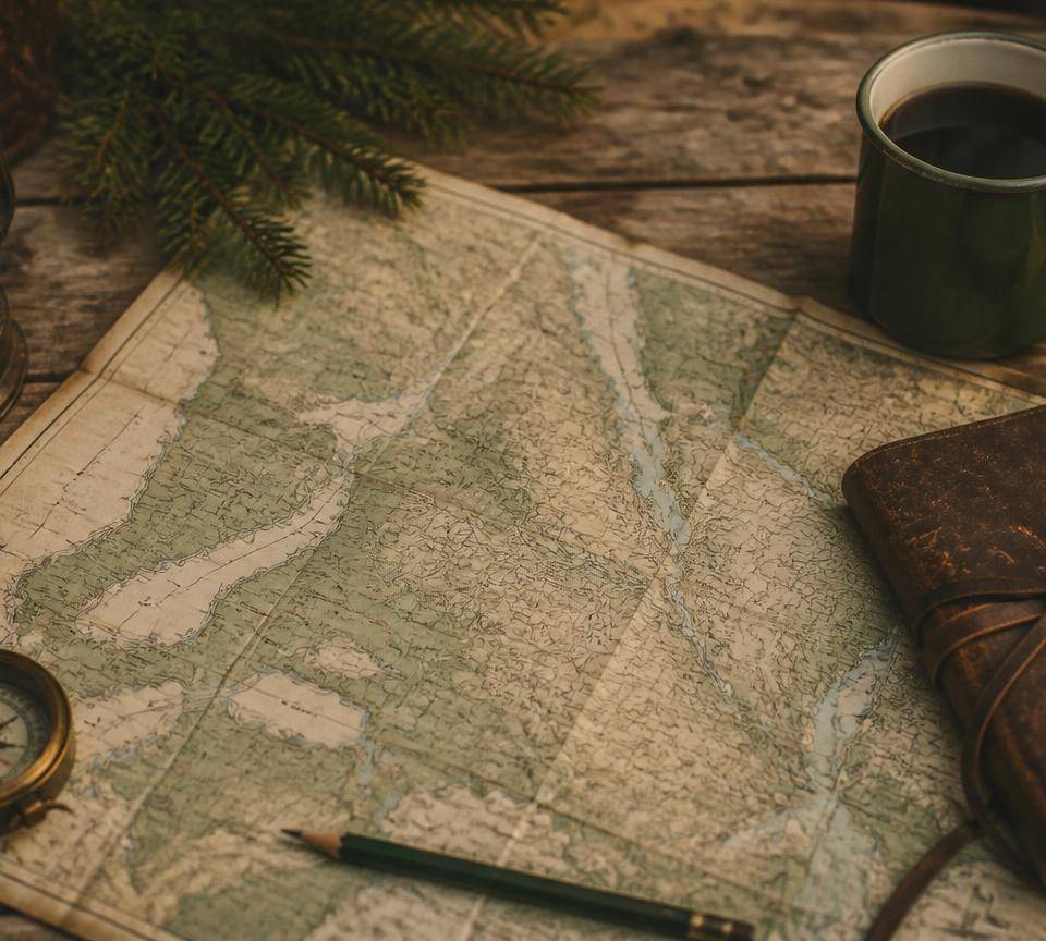 Topographic map, compass and notebook on a wooden table to plan the hunting season