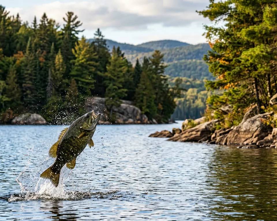 Un achigan à petite bouche bondissant hors de l'eau claire d'un lac des Laurentides entouré de rochers et de pins.