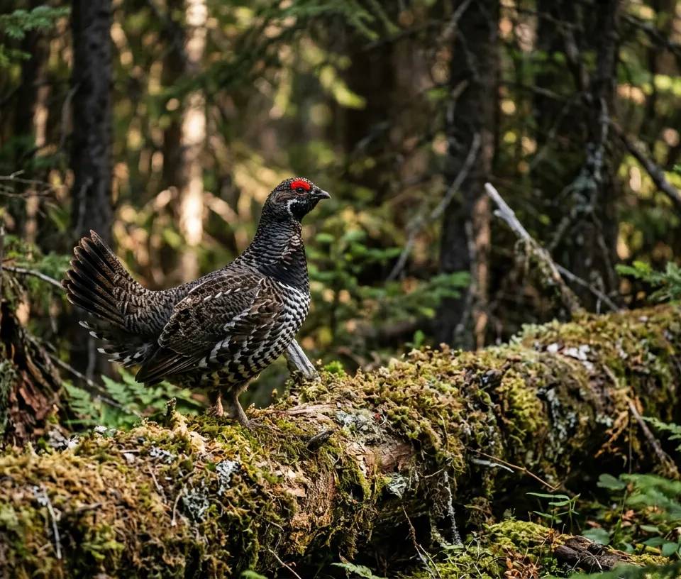 Un tétras du Canada mâle perché sur une souche dans une forêt d'épinettes.