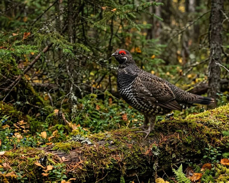 Un tétras du Canada mâle sur un tronc moussus dans une forêt d'épinettes.