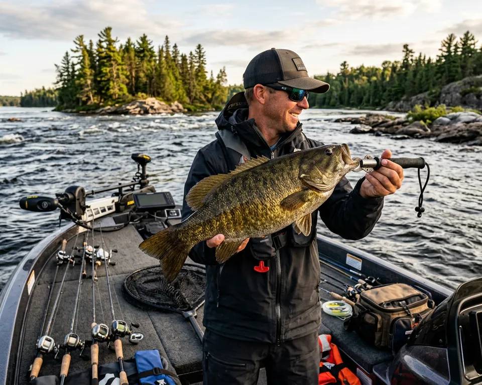 An angler holding a trophy smallmouth bass on the St. Lawrence River.