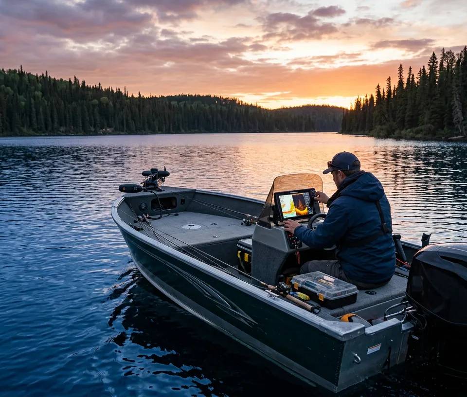 Angler using electronics to find walleye on a large reservoir.