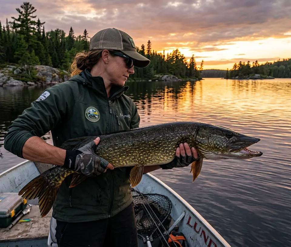 Un pêcheur tenant un énorme brochet trophée sur un lac de l'Abitibi.