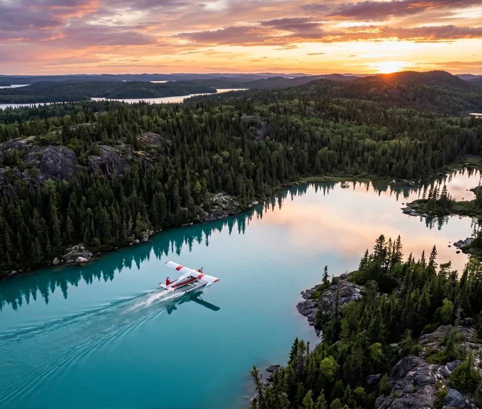Floatplane landing on a remote lake in the North Shore region
