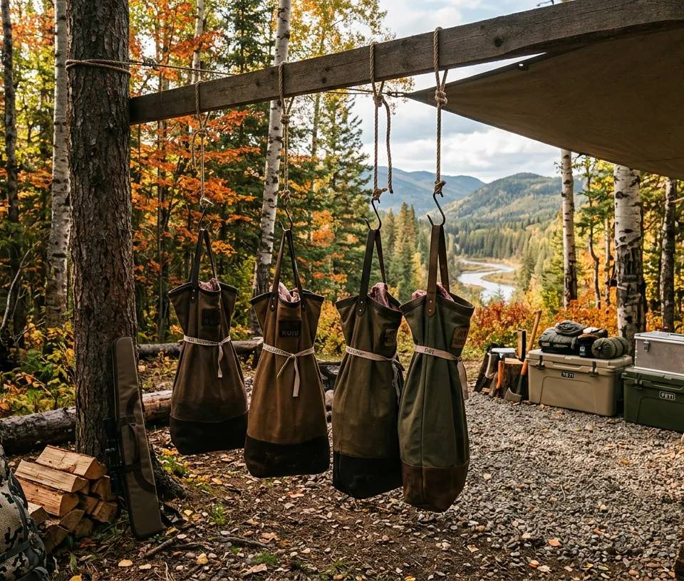 Quartiers de viande de gibier dans des sacs de protection suspendus dans une forêt canadienne en automne.