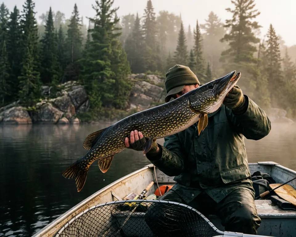 Angler holding a large northern pike on a Mauricie lake at sunrise.