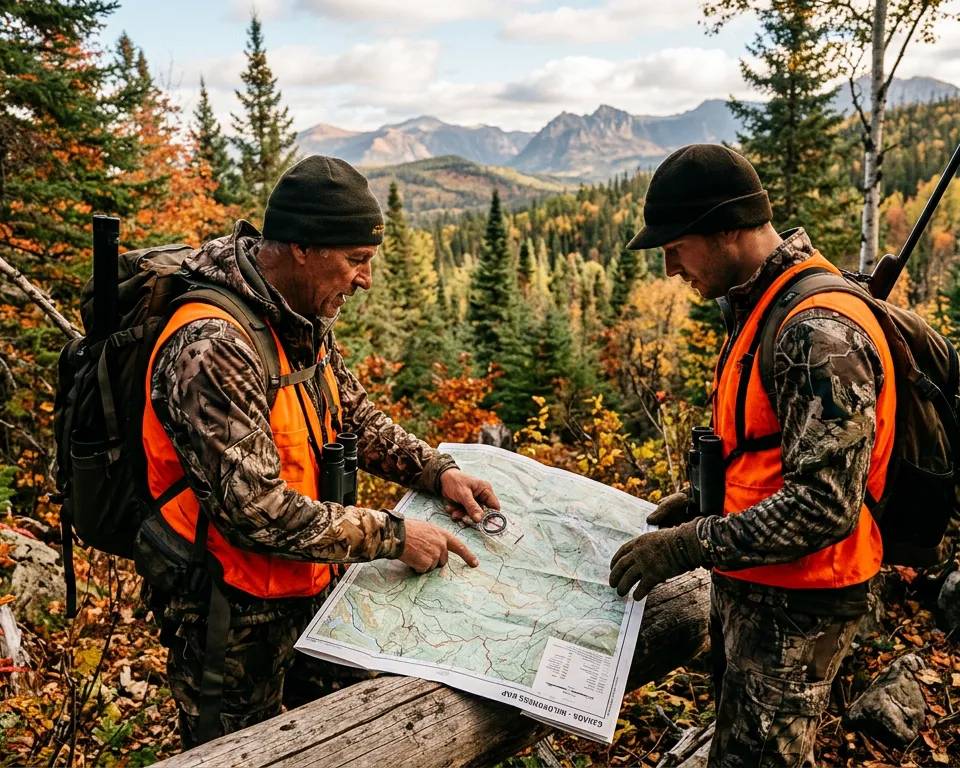 A hunting guide explaining the territory to a hunter in the woods.