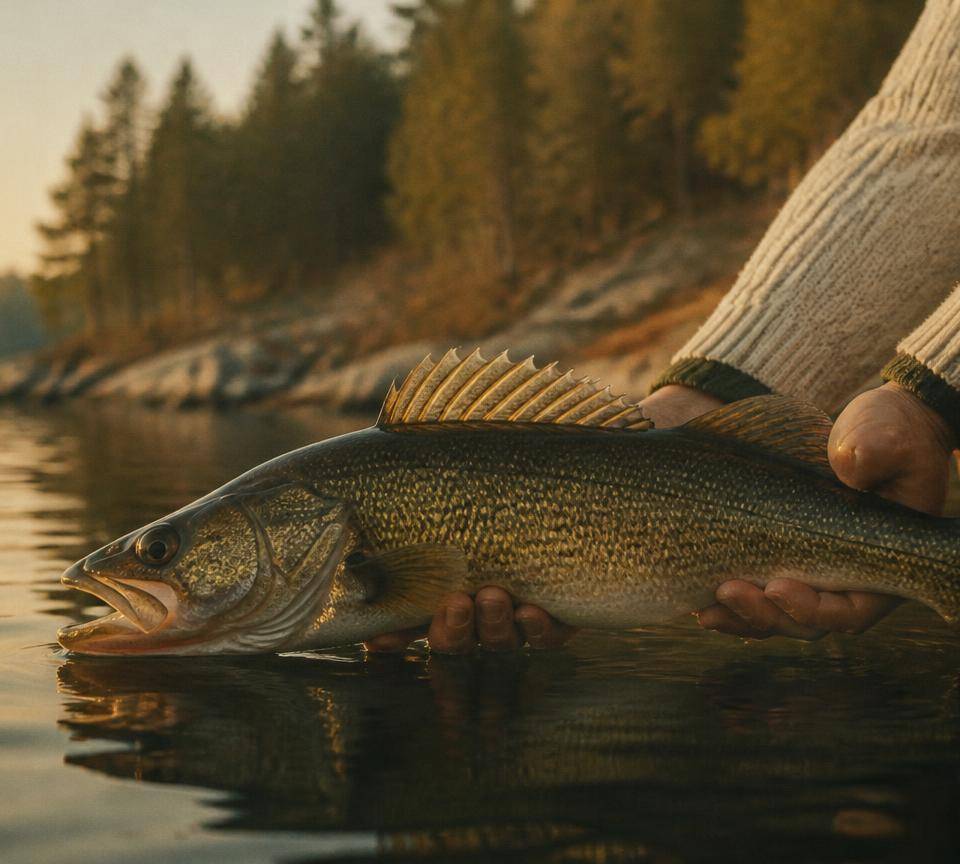 Walleye held above the calm water of an outfitter lake at dawn
