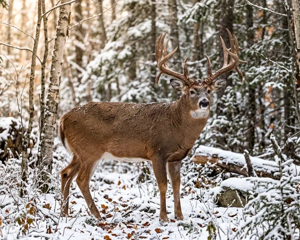 Un grand cerf de Virginie mâle dans une forêt enneigée de l'Ontario.