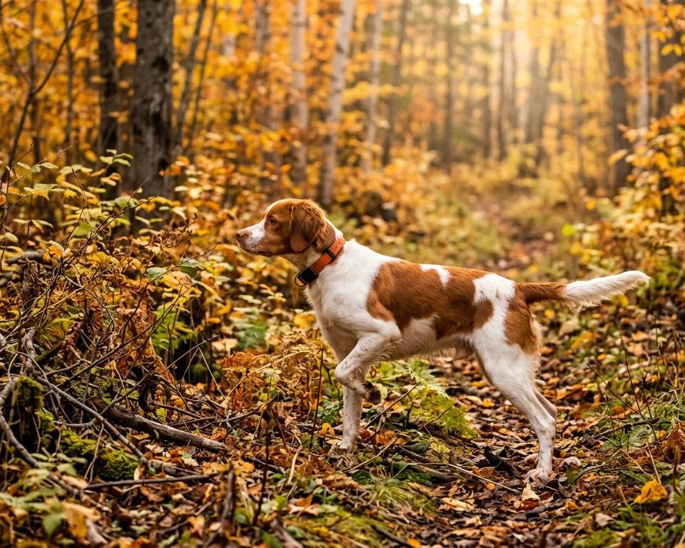 A pointing dog on point in a Quebec autumn forest during woodcock season.