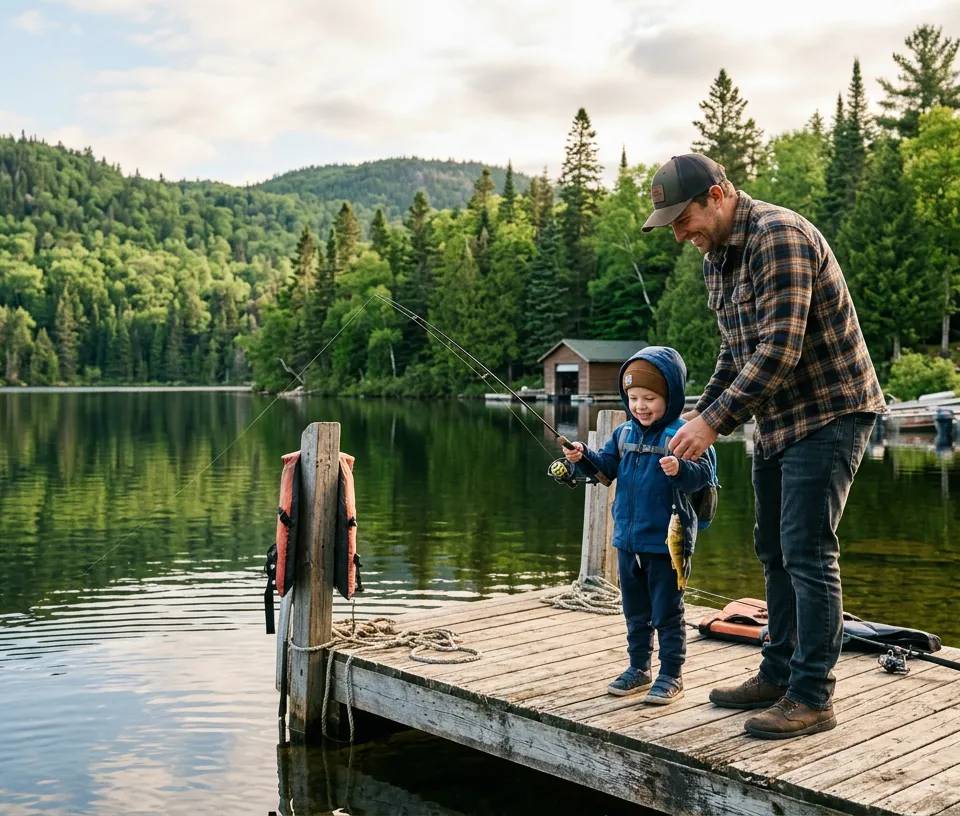A parent and child fishing for yellow perch on a dock in the Laurentians.